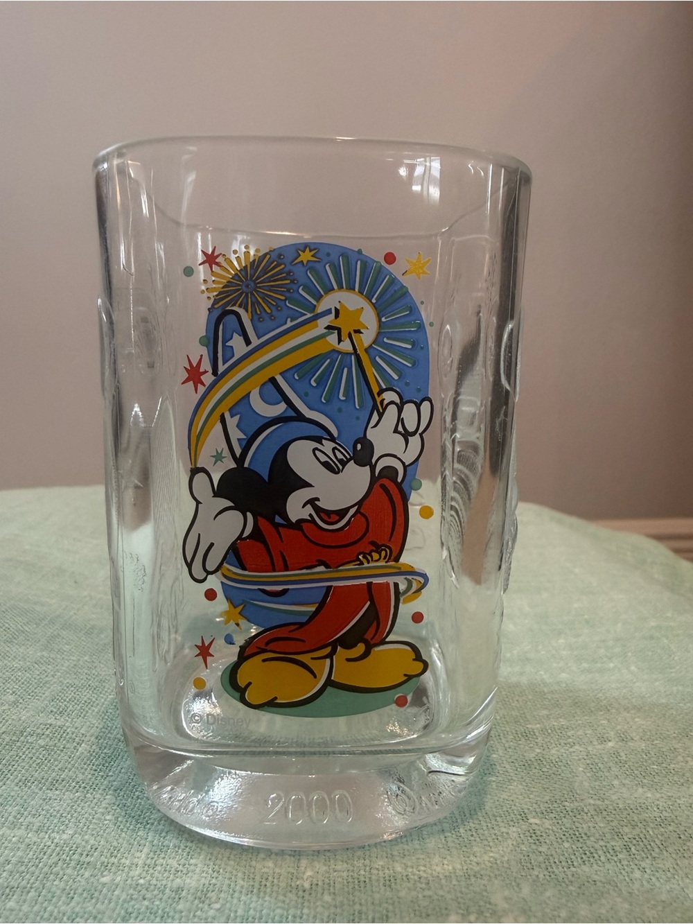 2000 Disney Sorcerer Mickey Clear Glass Mug - Red, Blue, Yellow, Black